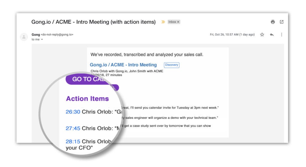 Action Items Screen Shot Gong - Email